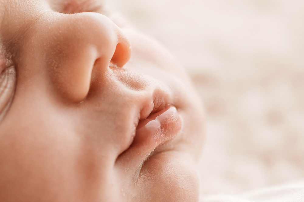 Close-up macro detail of Beaus tiny nose and lips in soft peachy tones at Reflection Images by Tracy Rowell in Florence SC