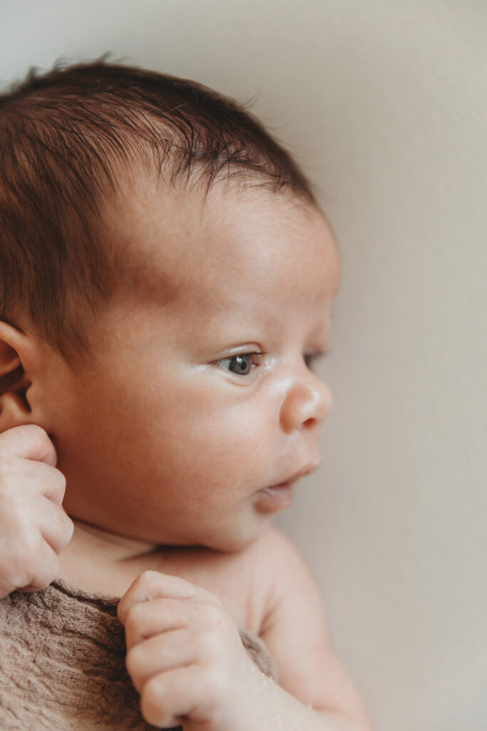 Close-up profile of newborn with wide eyes, wrapped in neutral brown at Reflection Images by Tracy Rowell in Florence SC