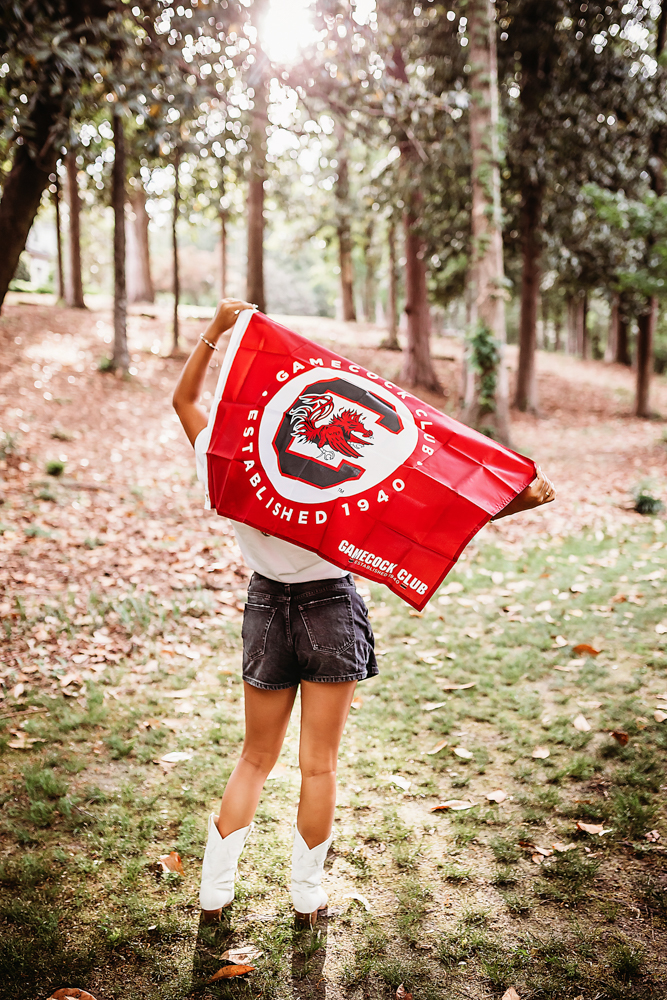 open field at golden hour, showing a walking pose in Gamecock flag from a profile angle at Reflection Images by Tracy Rowell in Florence SC.