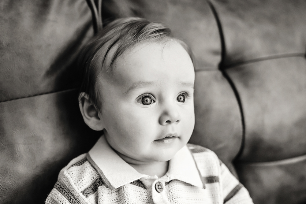 Black and white close-up of babys face, professional photography studio Florence SC