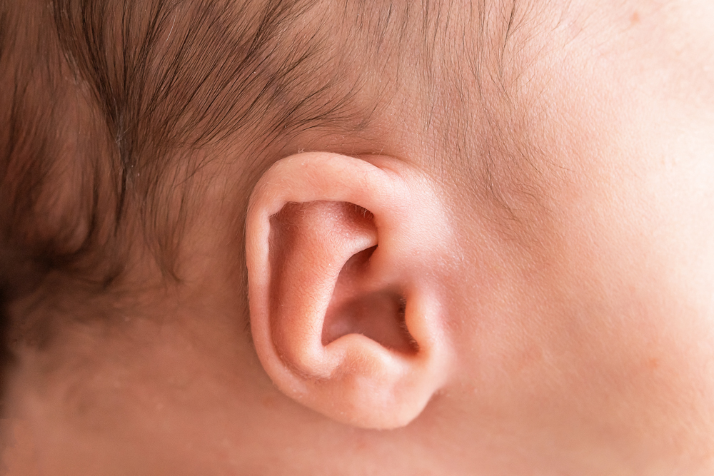 close-up of newborn ear and wispy hair detail Florence SC