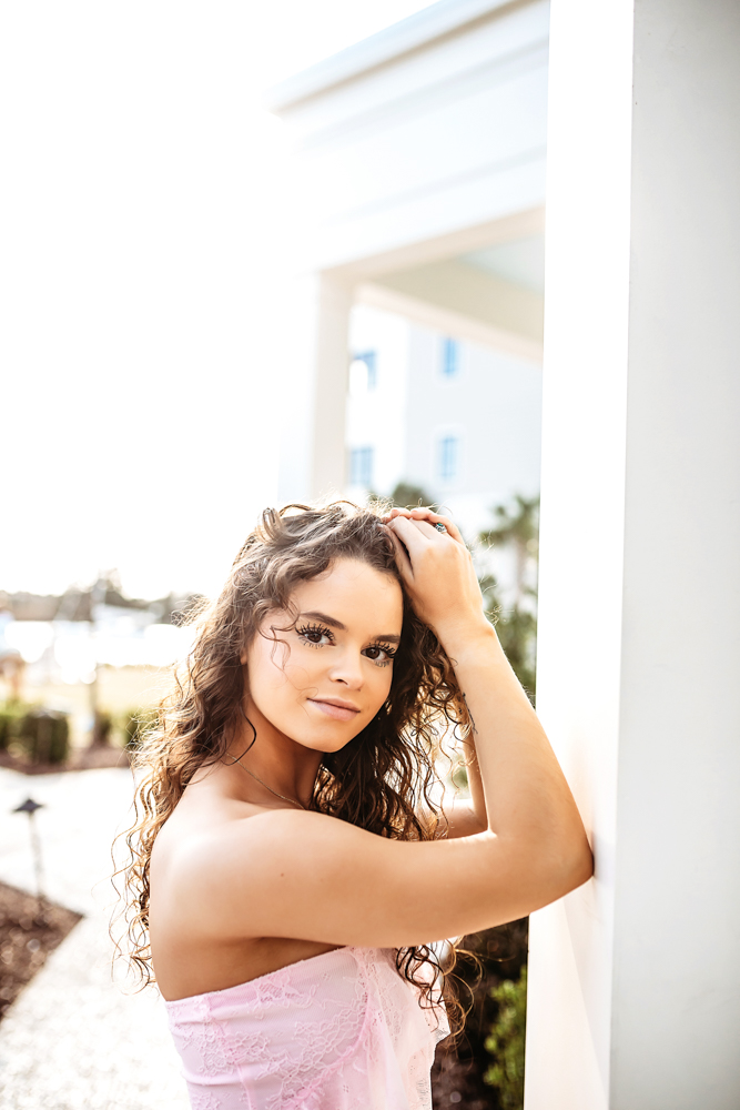 golden hour pink dress hayden hands in hair glowing Georgetown SC