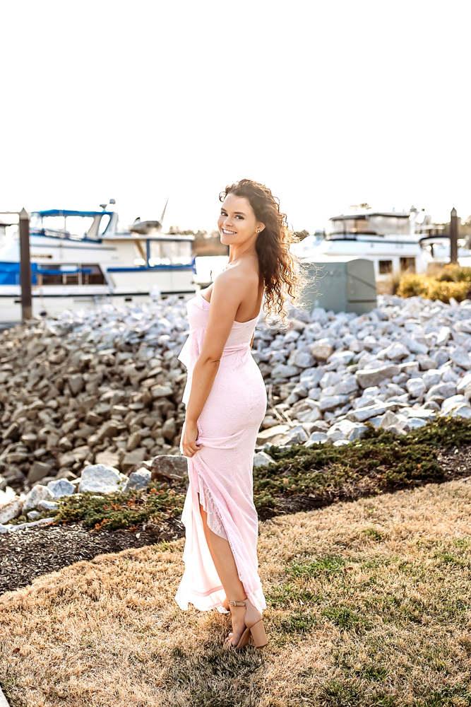 golden hour pink dress hayden smiling with hair glowing Georgetown SC