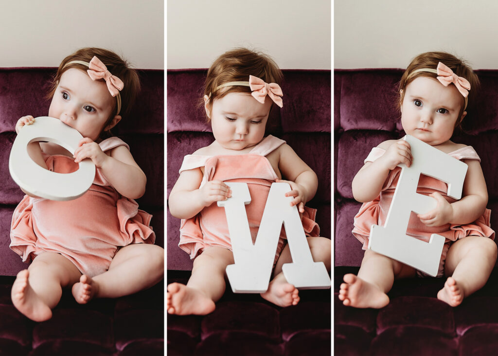Three-panel layout of Sullivan holding ONE letters while seated on a velvet chair wearing a blush romper and bow at Reflection Images by Tracy Rowell in Florence SC.