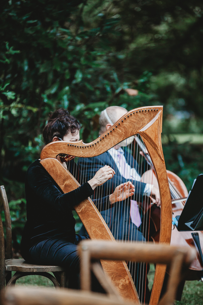 A harpist in a black velvet dress plays during the wedding ceremony, with a cellist slightly out of focus in the background at Wavering Place.