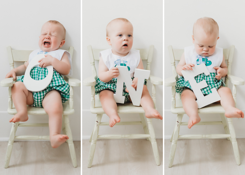 Crying twin holding letter 'O' on a white vintage chair in a composite spelling ONE at Reflection Images by Tracy Rowell in Florence SC