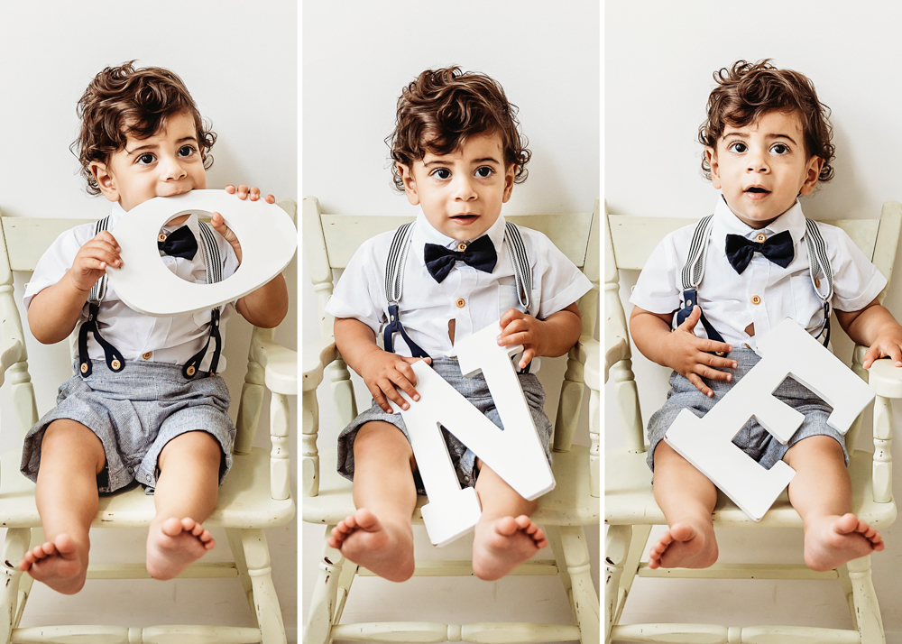 Collage of Lucas holding large white O N E letters while seated in a cream chair at Reflection Images by Tracy Rowell in Florence SC