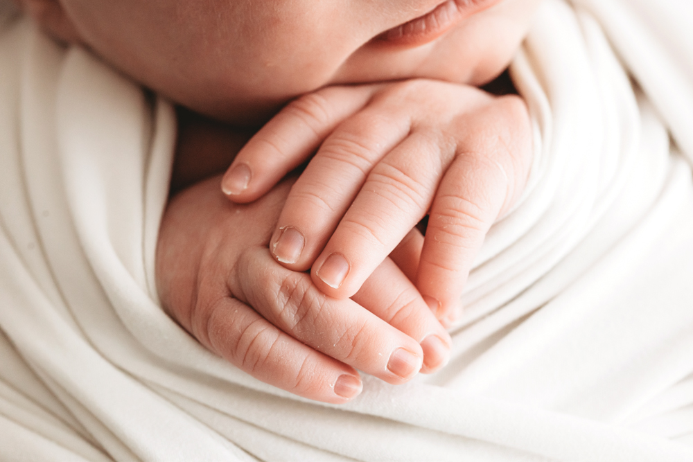 Newborn baby's tiny hands resting on cream blanket in soft natural light professional photography