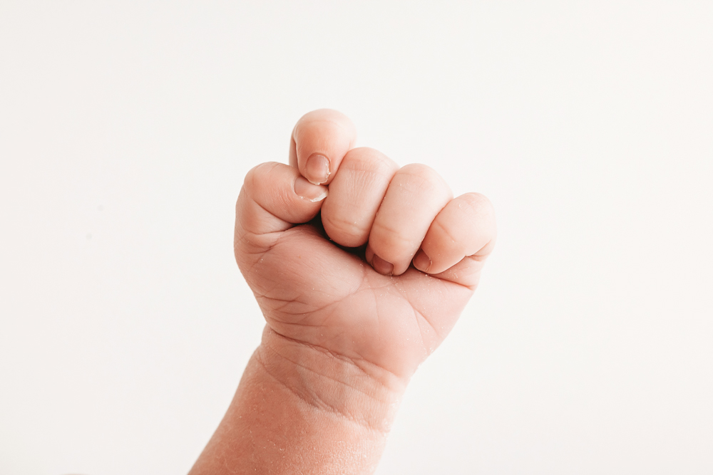 Baby's tiny clenched fist against soft cream backdrop by professional photographer, delicate skin detail, gentle lighting