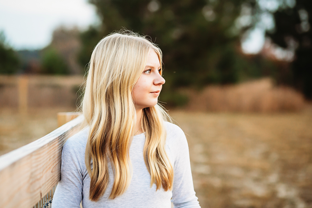 Blonde teen in gray sweater sitting on wooden fence looking right, warm golden hour lighting by Tracy Rowell