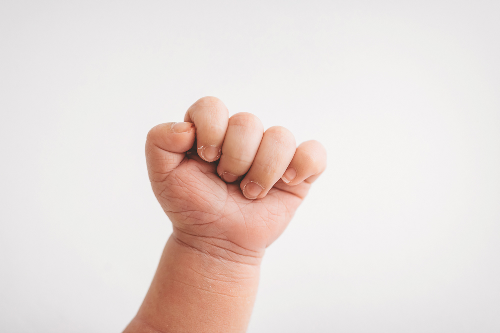 Baby's tiny clenched fist against clean white backdrop, soft natural lighting, Tracy Rowell portrait photography