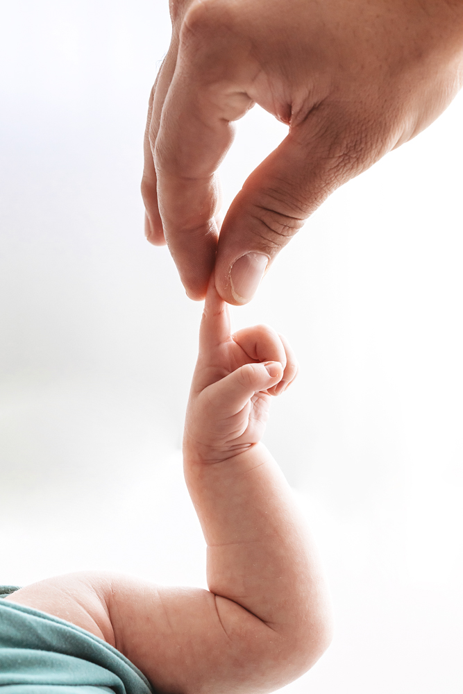 Newborn hand holding parent finger in Florence SC newborn session by Reflection Images by Tracy Rowell on sage green wrap.